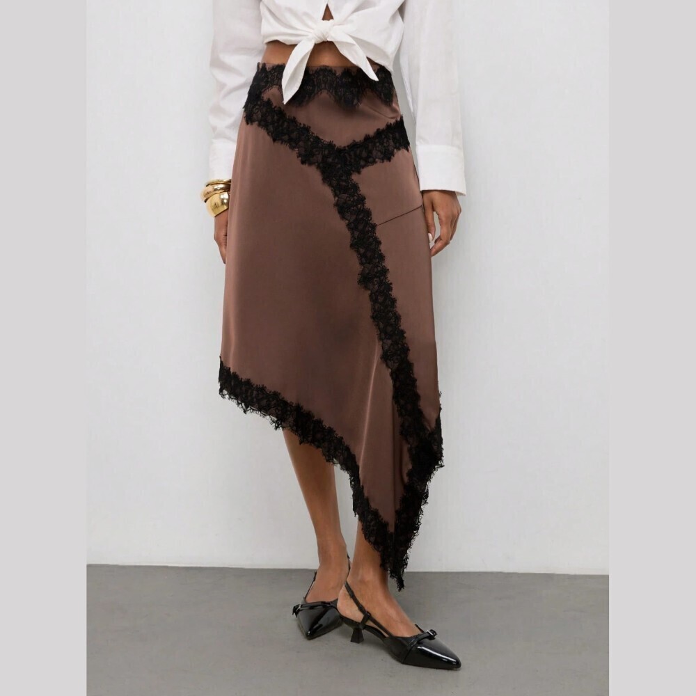 Brown Satin Black Lace Trim Asymmetrical Hem Midi Skirt